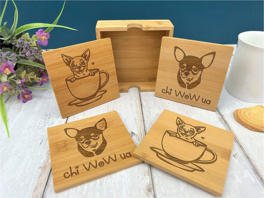 Chihuahua Pet Dog Engraved Bamboo Coaster Set