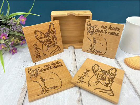 Sphynx Cat Bamboo Engraved Coaster Set