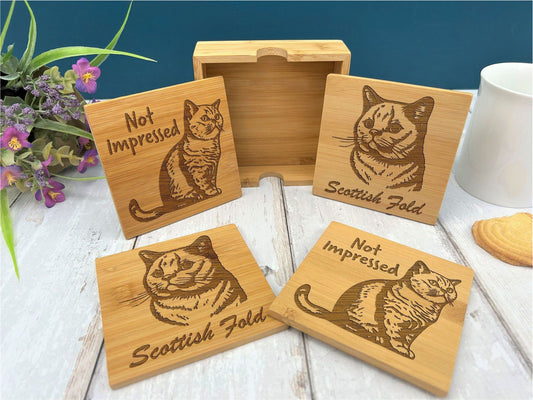 Scottish Fold Cat Engraved Bamboo Coaster Set