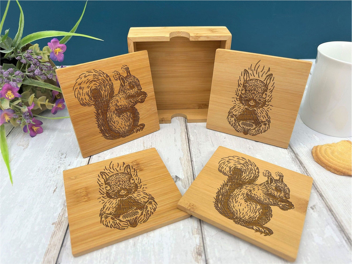 Squirrel Engraved Bamboo Coaster Set