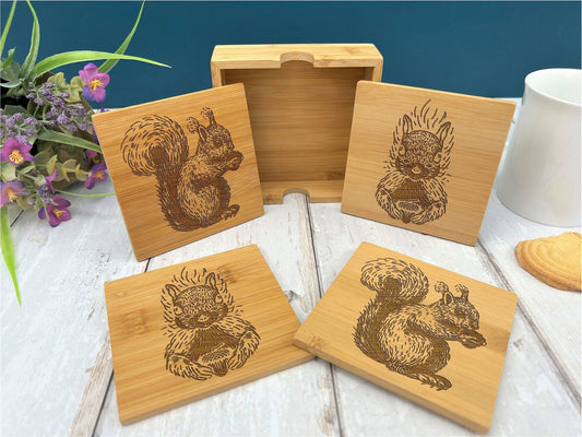 Squirrel Engraved Bamboo Coaster Set