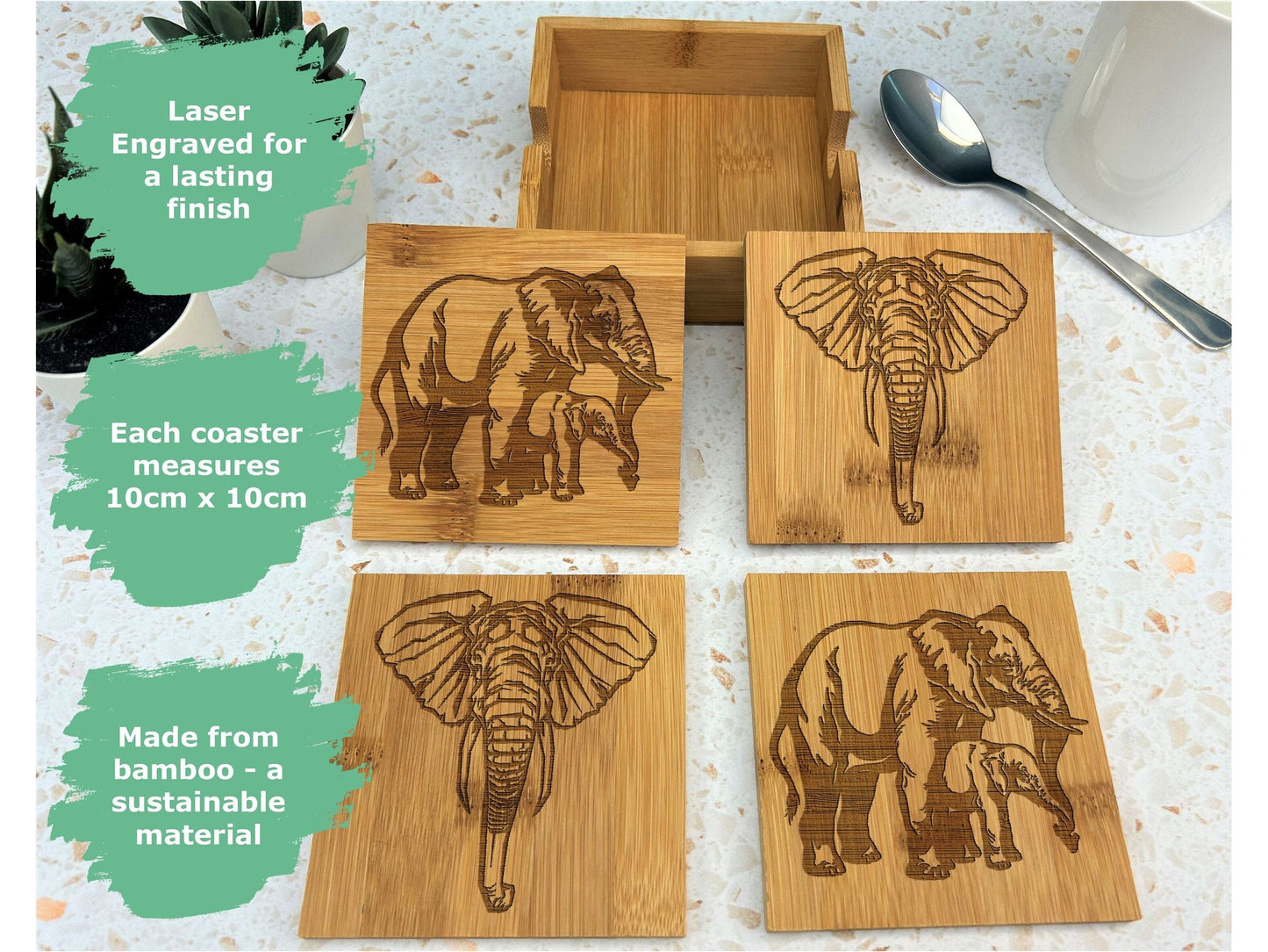 Elephant Engraved Bamboo Coaster Set