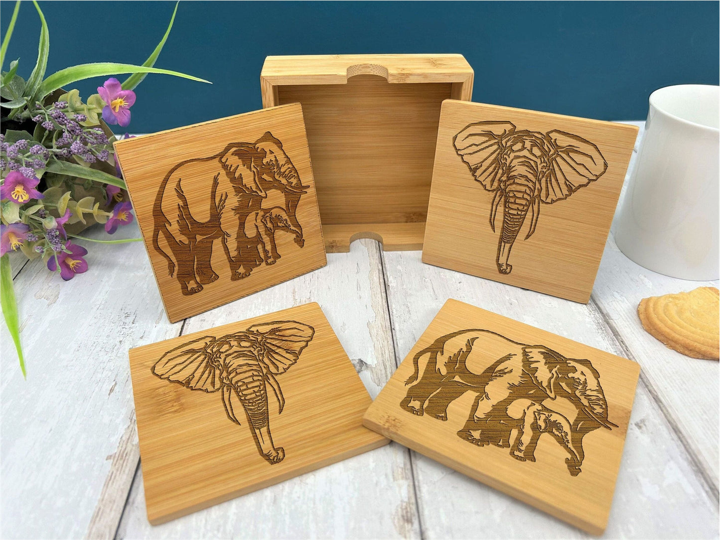 Elephant Engraved Bamboo Coaster Set