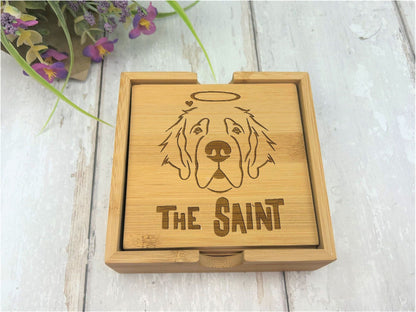 Saint Bernard Dog Engraved Bamboo Coaster Set