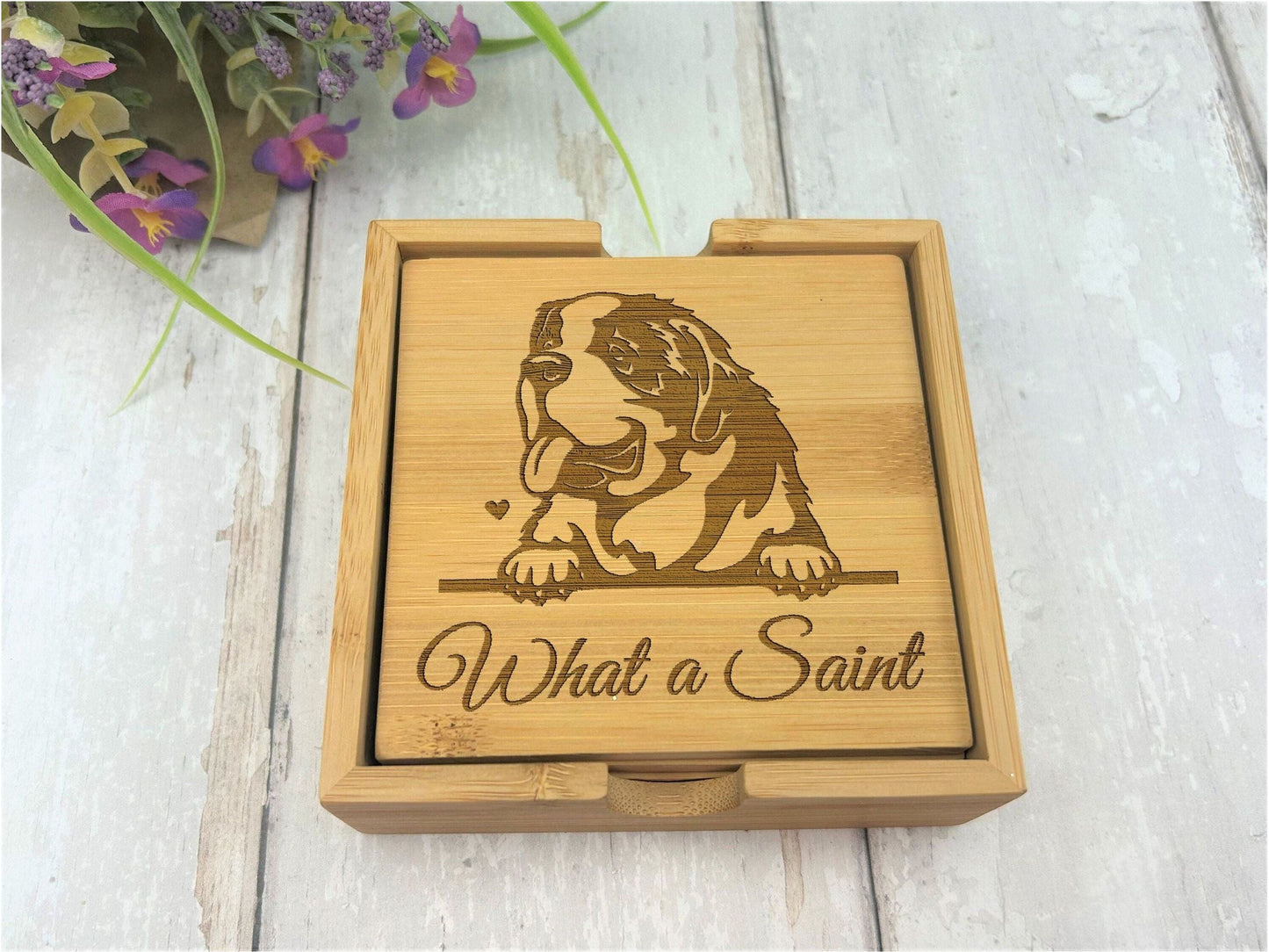 Saint Bernard Dog Engraved Bamboo Coaster Set