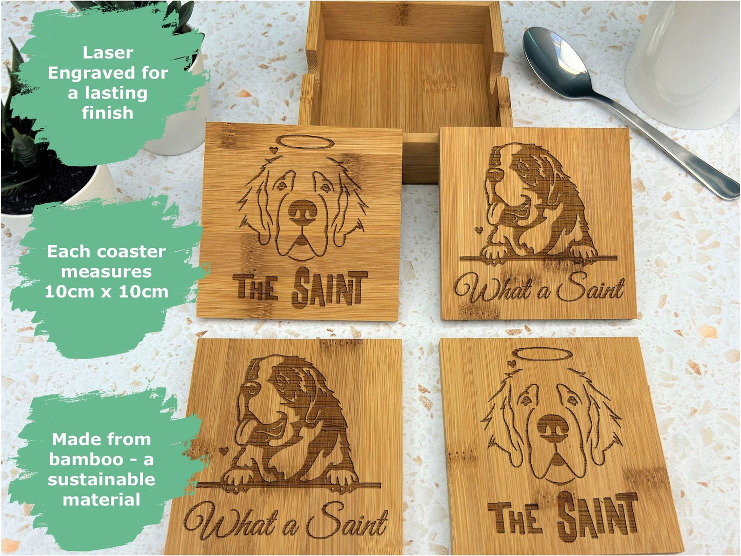 Saint Bernard Dog Engraved Bamboo Coaster Set