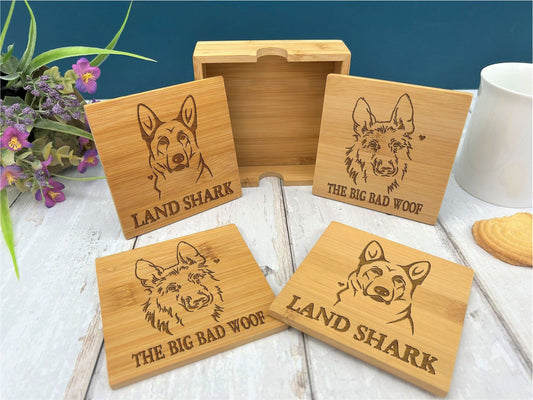 German Shepherd Dog Engraved Bamboo Coaster Set