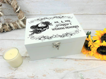 Personalised Skull, Roses & Scribble Keepsake White Memory Box