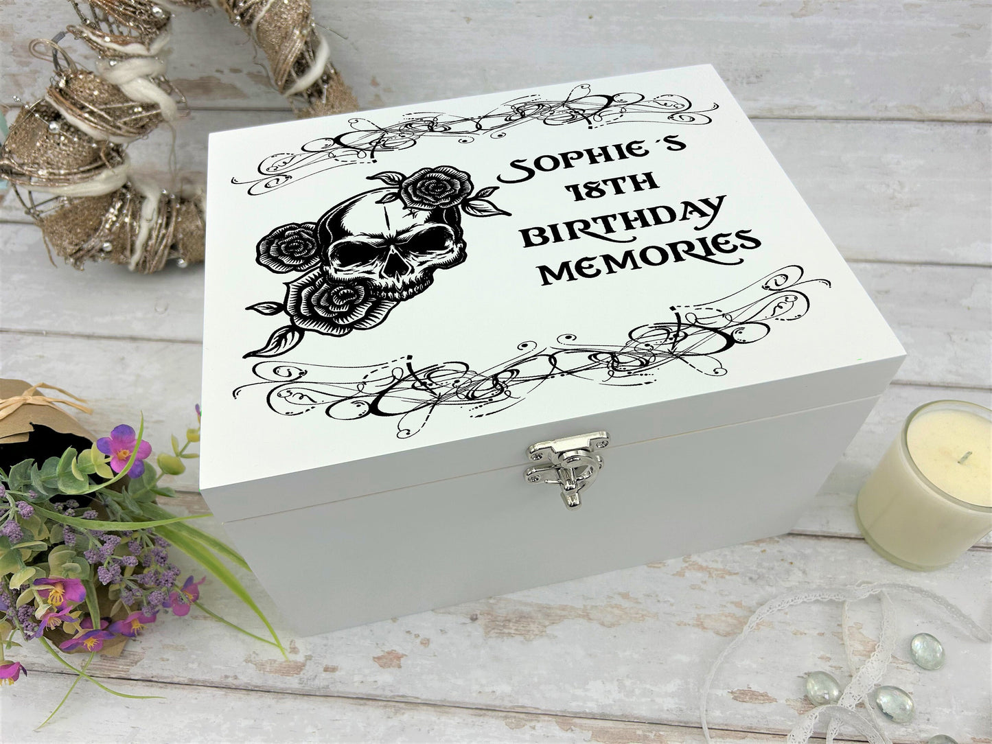 Personalised Skull, Roses & Scribble Keepsake White Memory Box