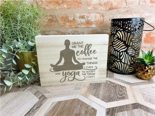 Grant Me Coffee Yoga Engraved Wooden Wall Plaque