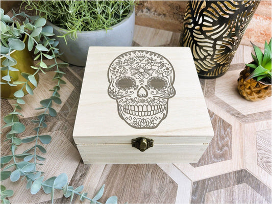 Mexican Sugar Skull Engraved Wooden Box