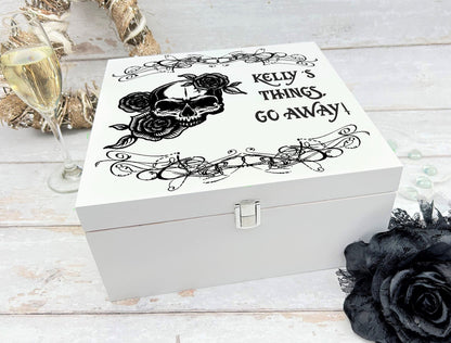 Personalised Skull, Roses & Scribble Keepsake White Memory Box