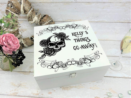 Personalised Skull, Roses & Scribble Keepsake White Memory Box