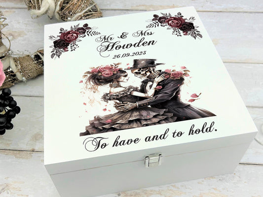 Personalised  Skull Couple Wedding Keepsake White Memory Box