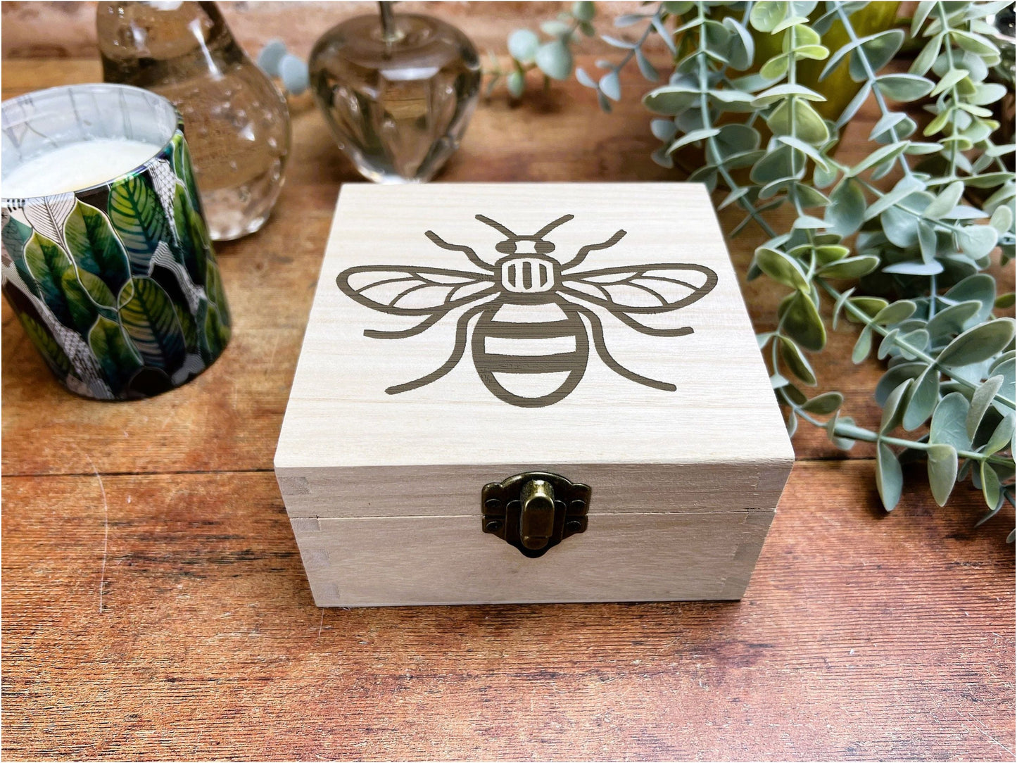 Manchester Bee Engraved Wooden Trinket Box