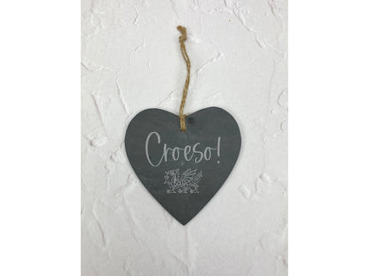 Croeso Welsh Welcome Dragon - Slate Heart Plaque