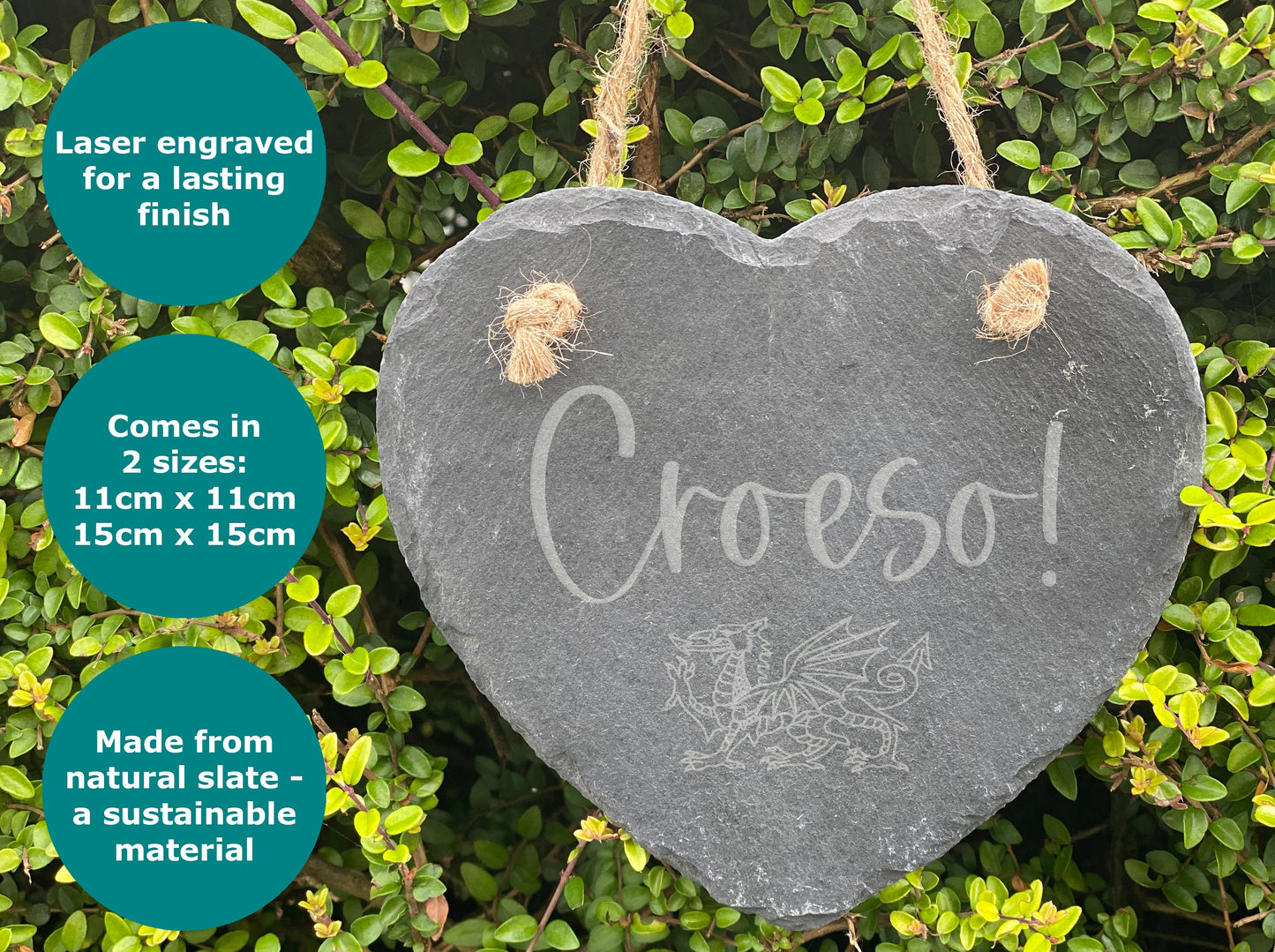 Croeso Welsh Welcome Dragon - Slate Heart Plaque