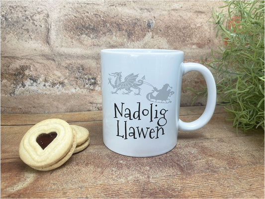 Nadolig Llawen Dragon Santa Sleigh Ceramic Mug