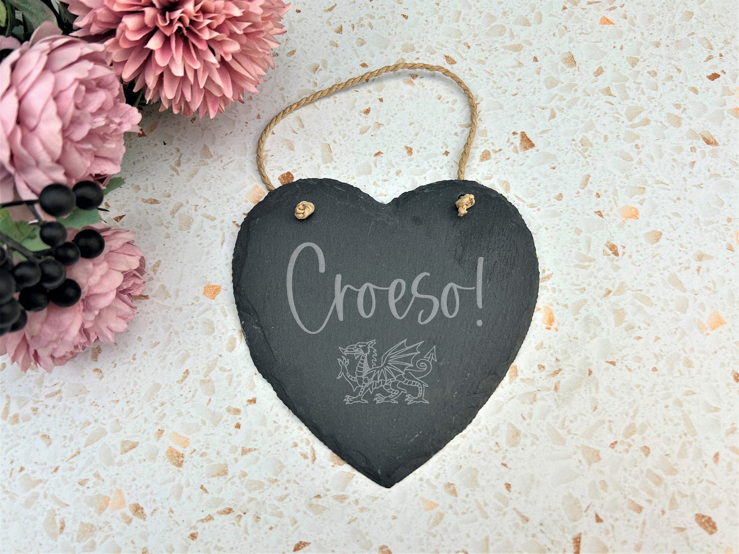 Croeso Welsh Welcome Dragon - Slate Heart Plaque