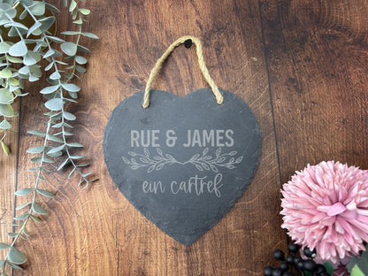 Ein Cartref Welsh Language Our Home - Personalised Slate Heart Plaque