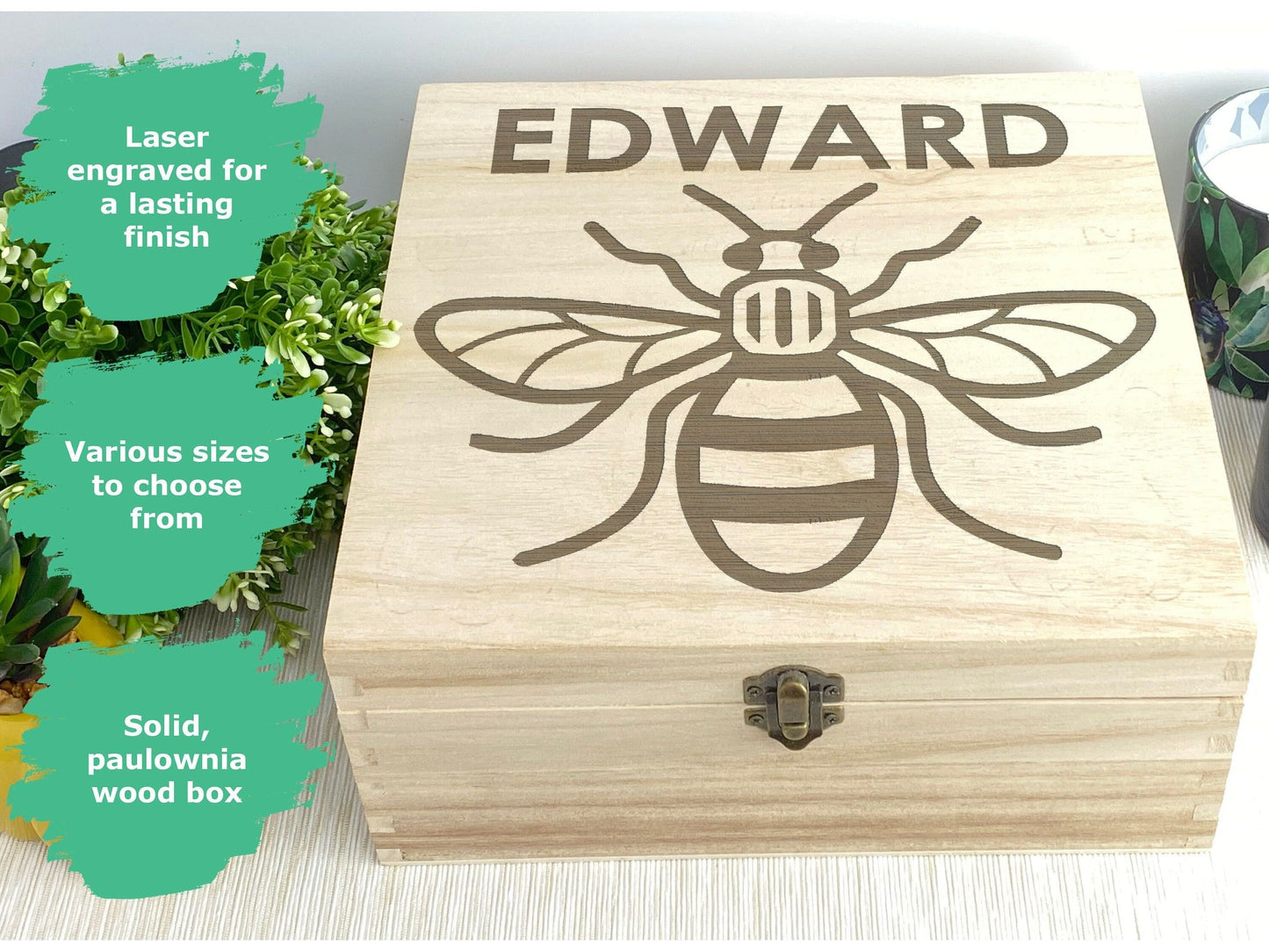 Manchester Bee Engraved Wooden Trinket Box