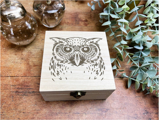 Owl Illustration Engraved Wooden Trinket Box