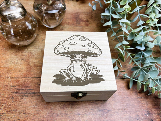 Frog Mushroom Cottage Core Engraved Wooden Box