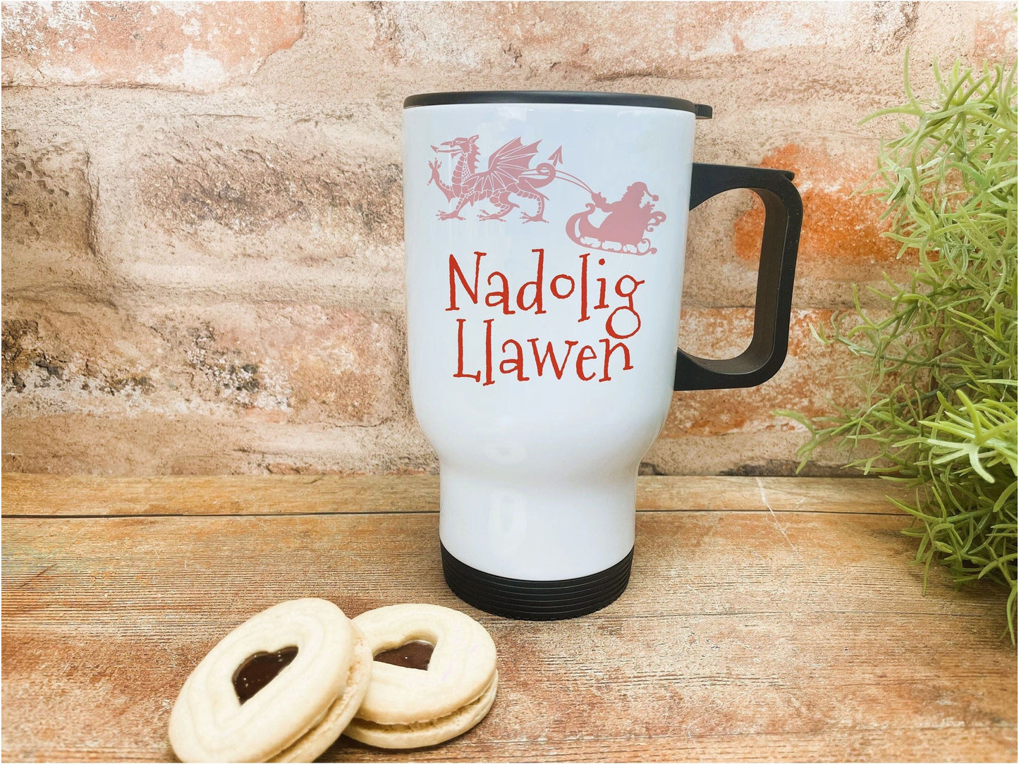 Nadolig Llawen Dragon Santa Sleigh - Welsh Language Dialect - Personalised Travel Mug