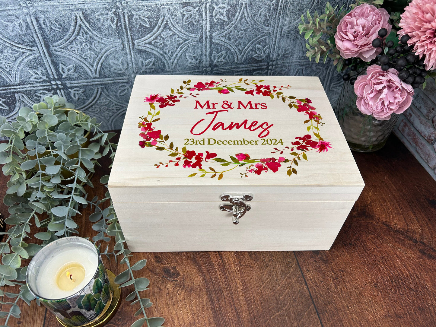 Pink Floral Wreath Personalised Wedding Memory Box