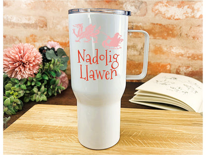 Nadolig Llawen Dragon Santa Sleigh - Welsh Language Dialect - Personalised Travel Mug