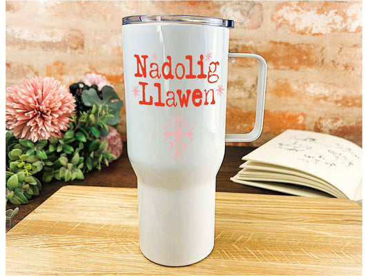 Nadolig Llawen Snowflakes - Welsh Language Dialect - Personalised Travel Mug