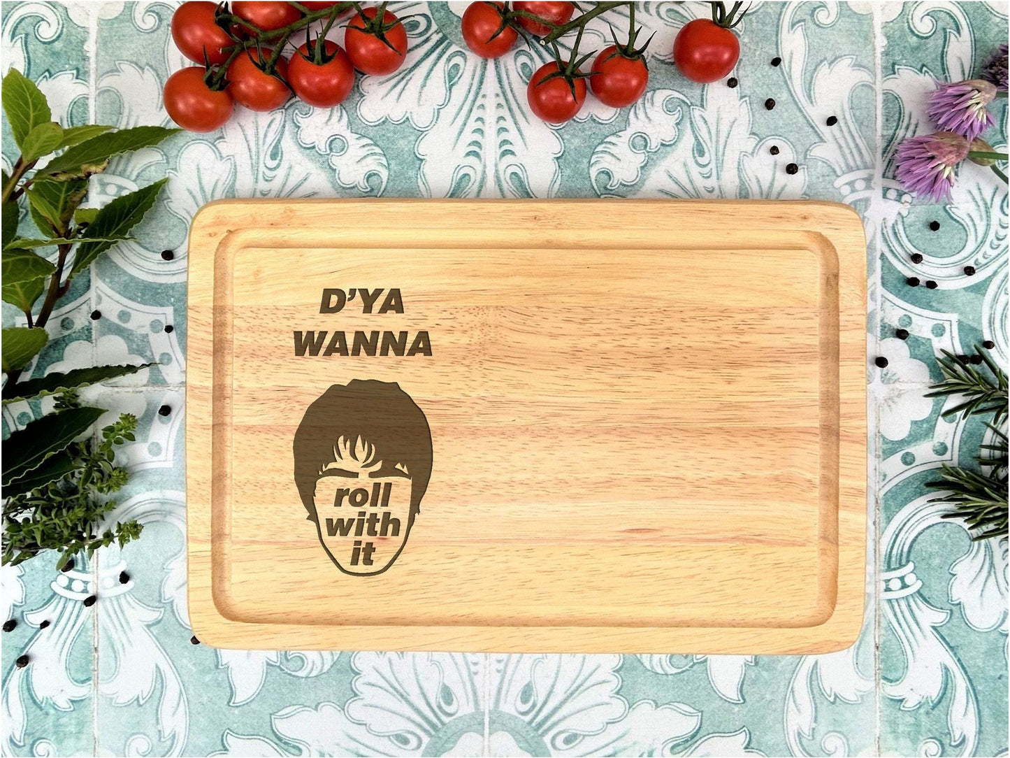 a cutting board with a picture of a woman&#39;s face on it