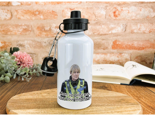 a water bottle with a picture of a person on it