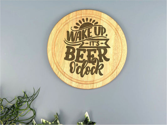 Wooden Engraved Wall Art ''Wake up it's beer o'clock ''