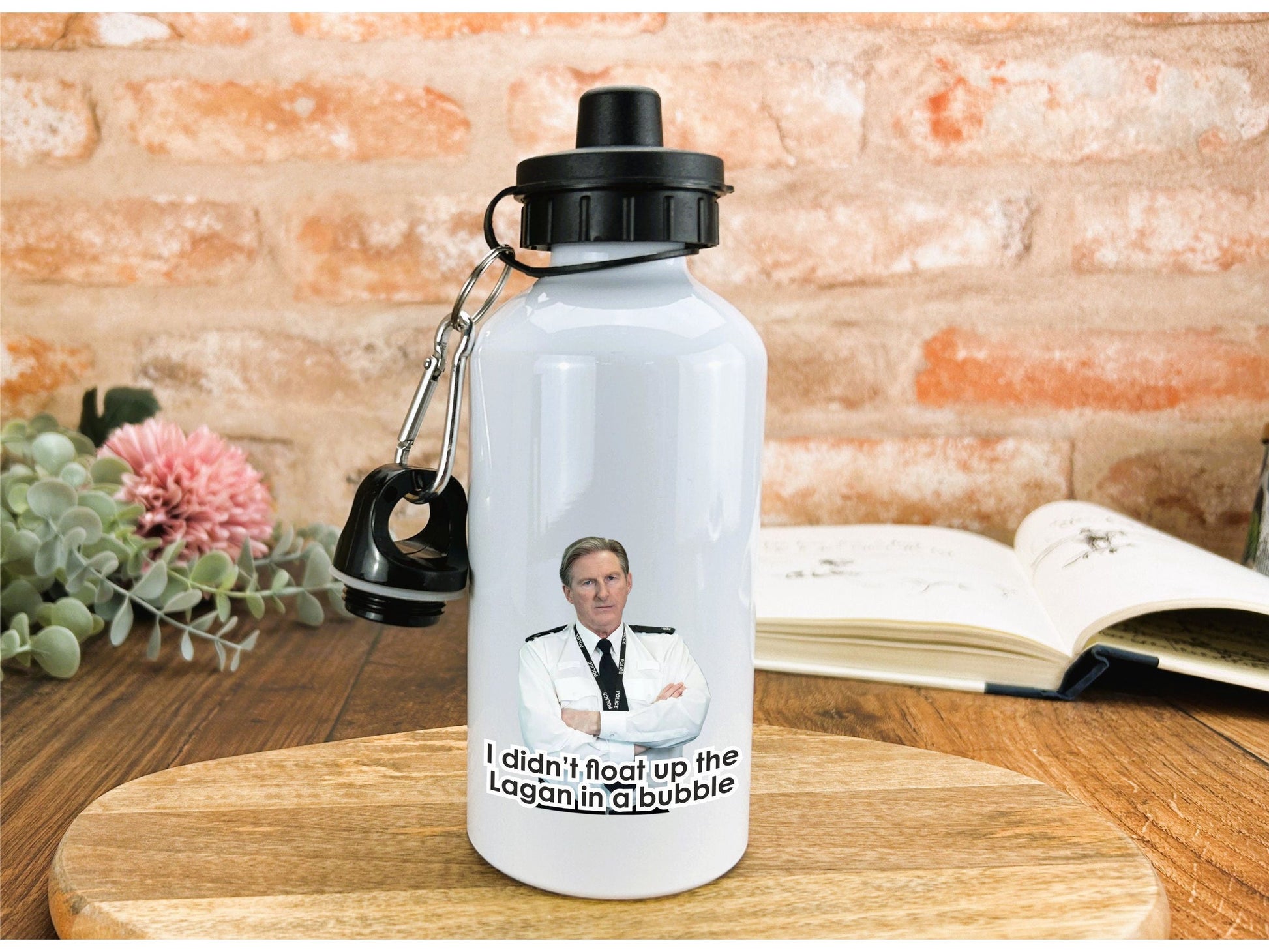 a water bottle with a picture of a man on it