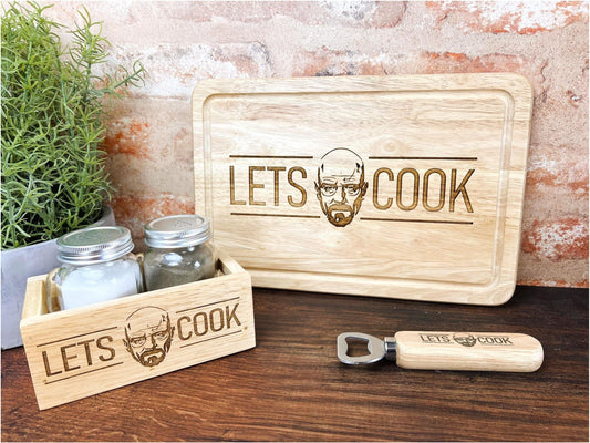 a wooden cutting board with a bottle opener