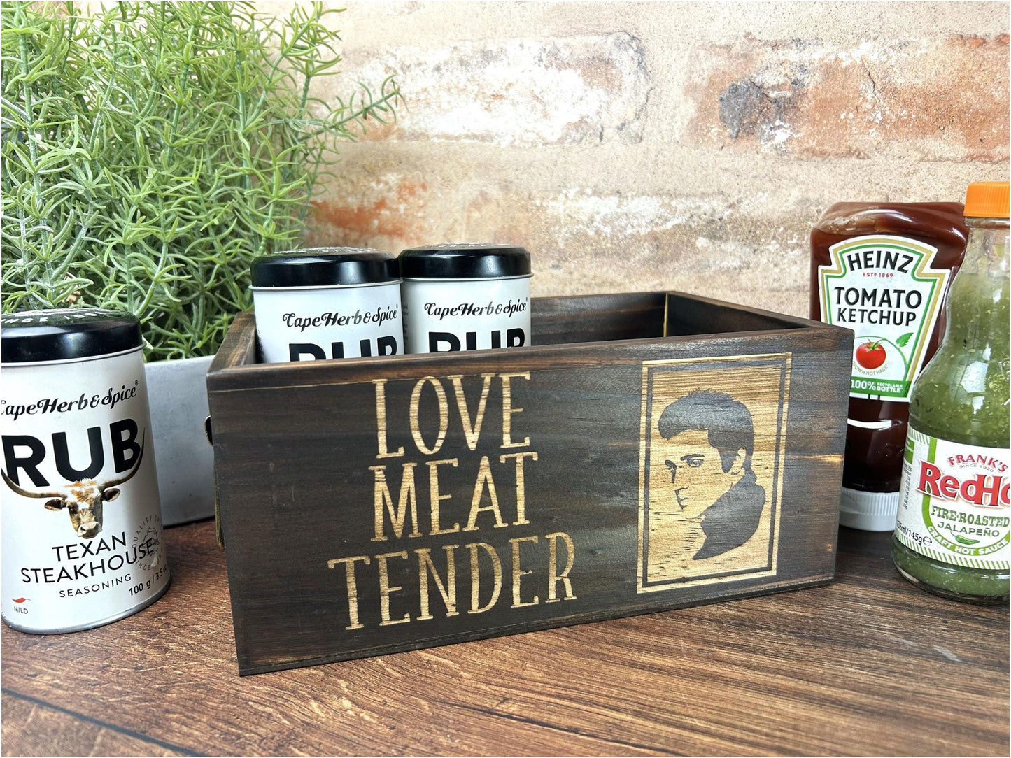 a wooden box with a sign that says love meat tender