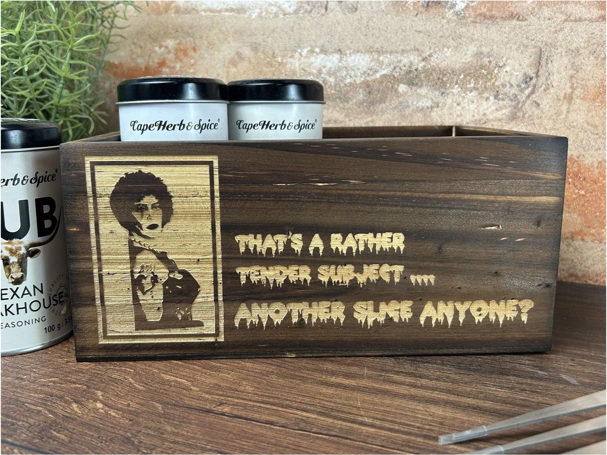 a wooden box with a picture of a man on it